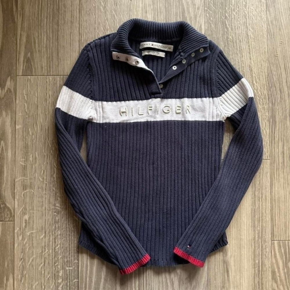 Tommy Hilfiger Womens Small Navy Ribbed Knit Quarter Snap Sweater Striped Y2K